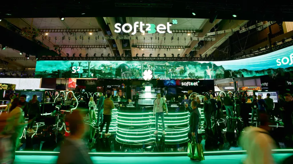 Soft2Bet exhibition booth at an iGaming industry trade show